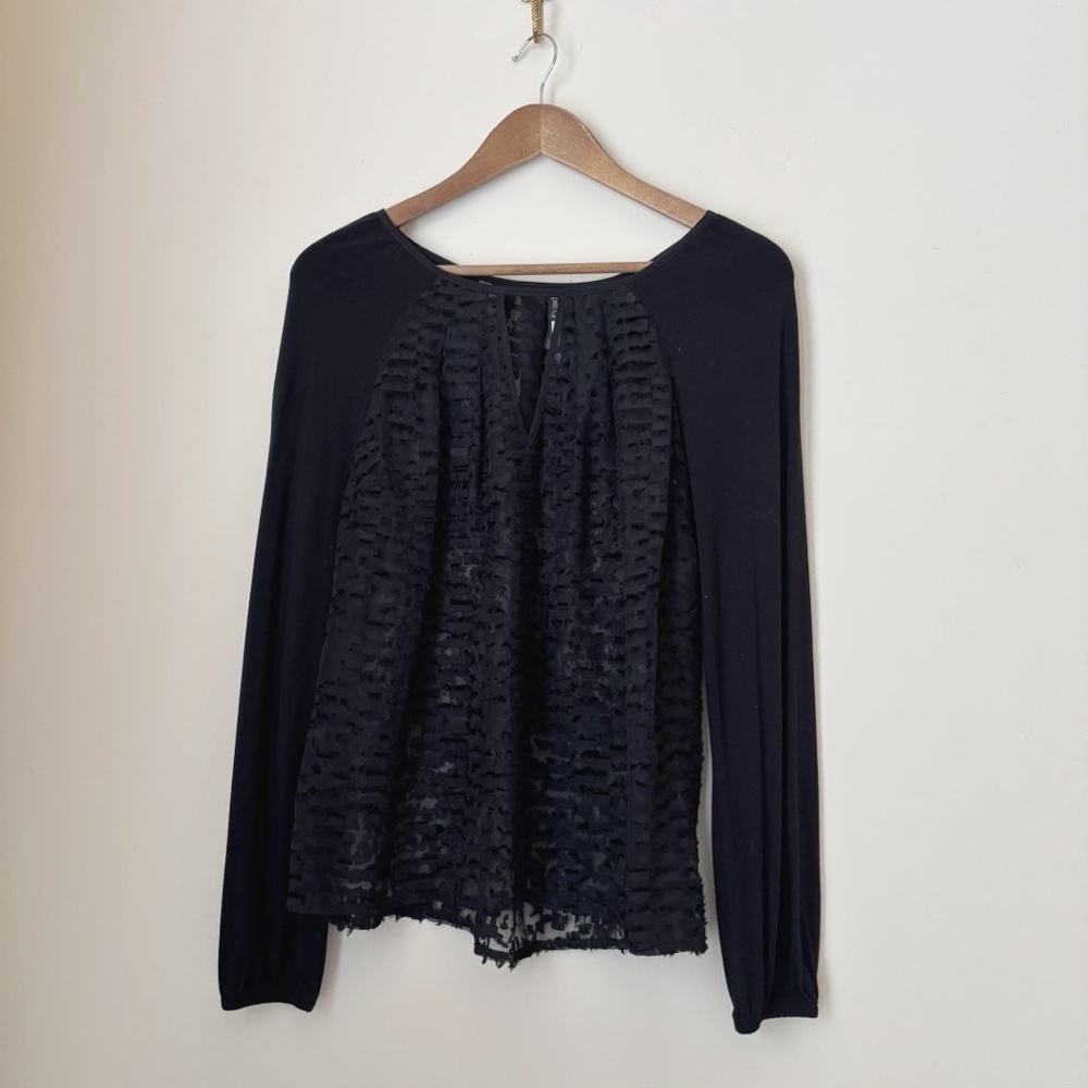 Plenty by Tracy Reese Black Burnout Mesh Semi Sheer Top XS Dark Romance